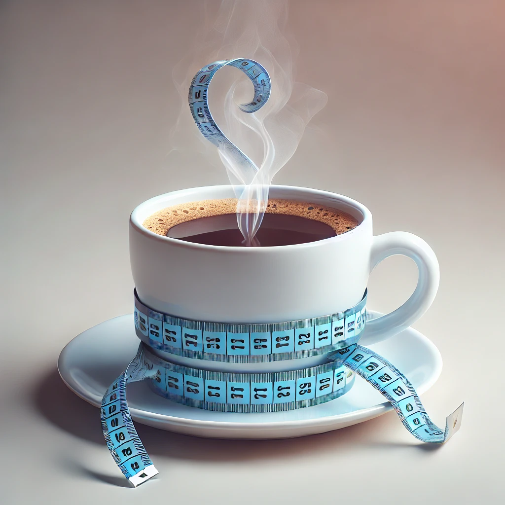 A high-quality image showing a steaming coffee cup with a measuring tape wrapped around it, symbolizing weight loss through coffee. The image should b